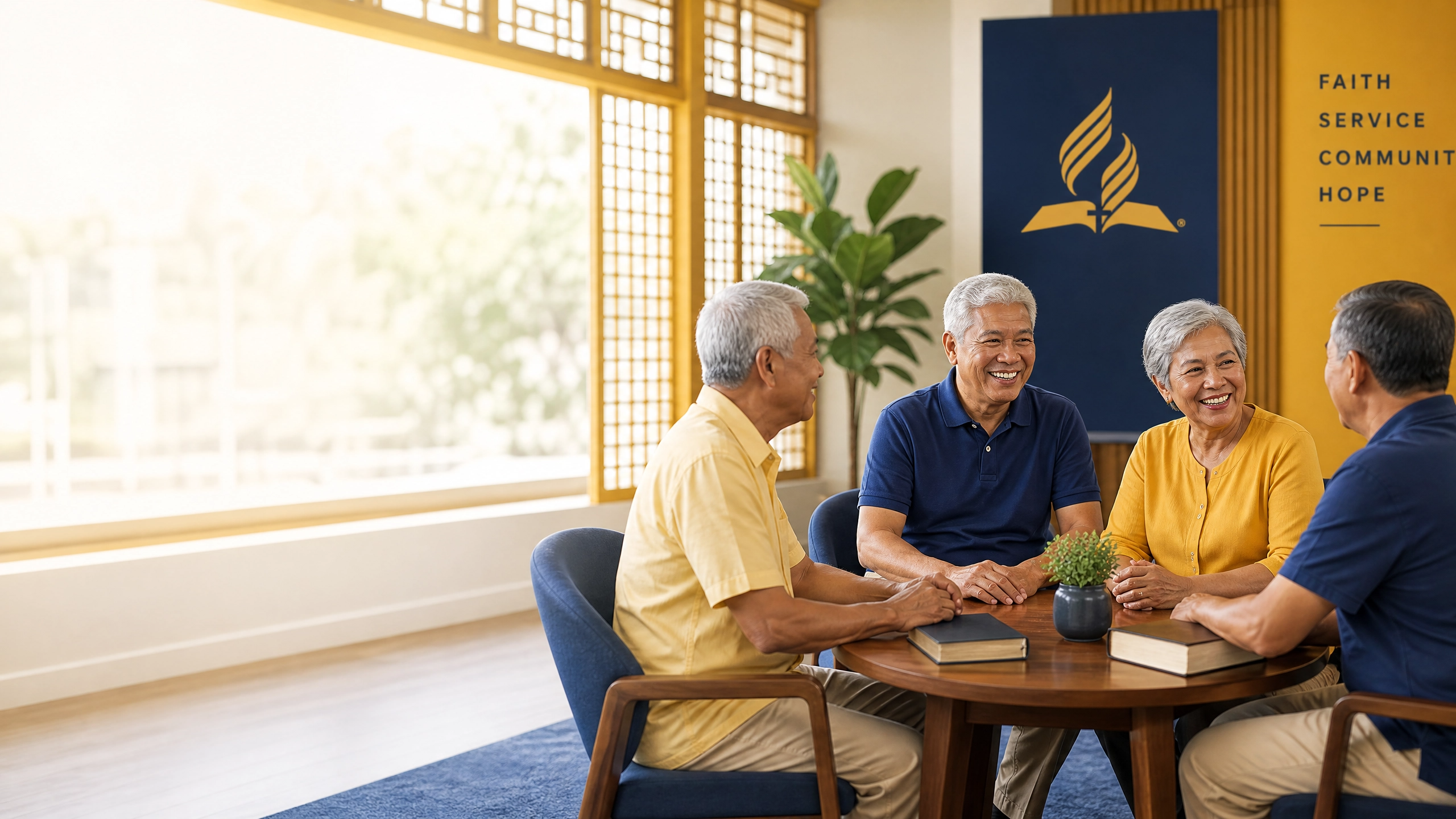 Filipino retirees gathered in fellowship at a Seventh-day Adventist community lounge