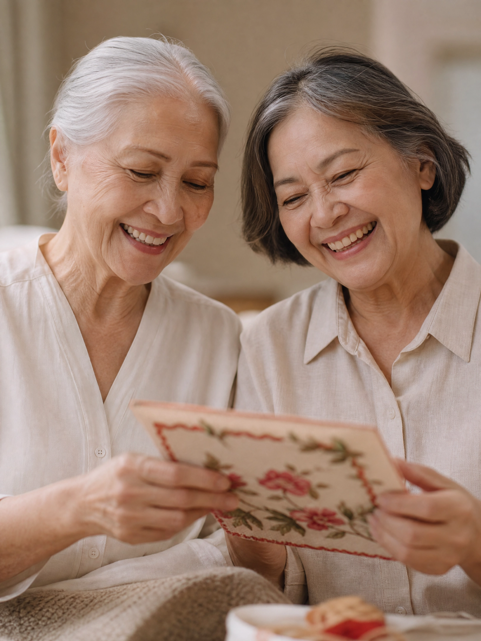 Two women smiling together over a keepsake card