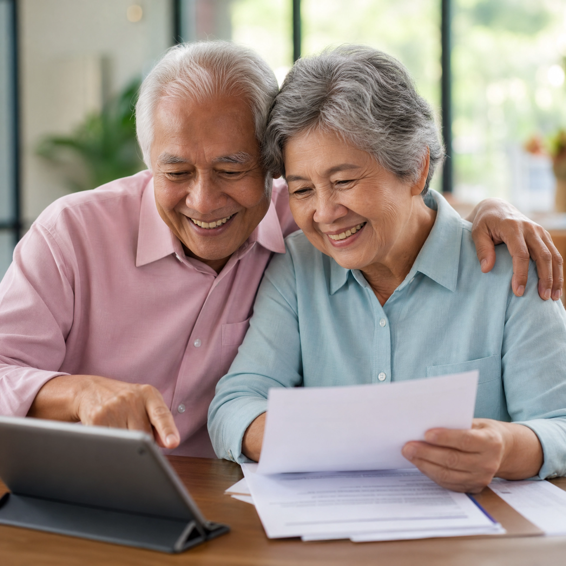 Senior couple reviewing paperwork together, representing retirement support